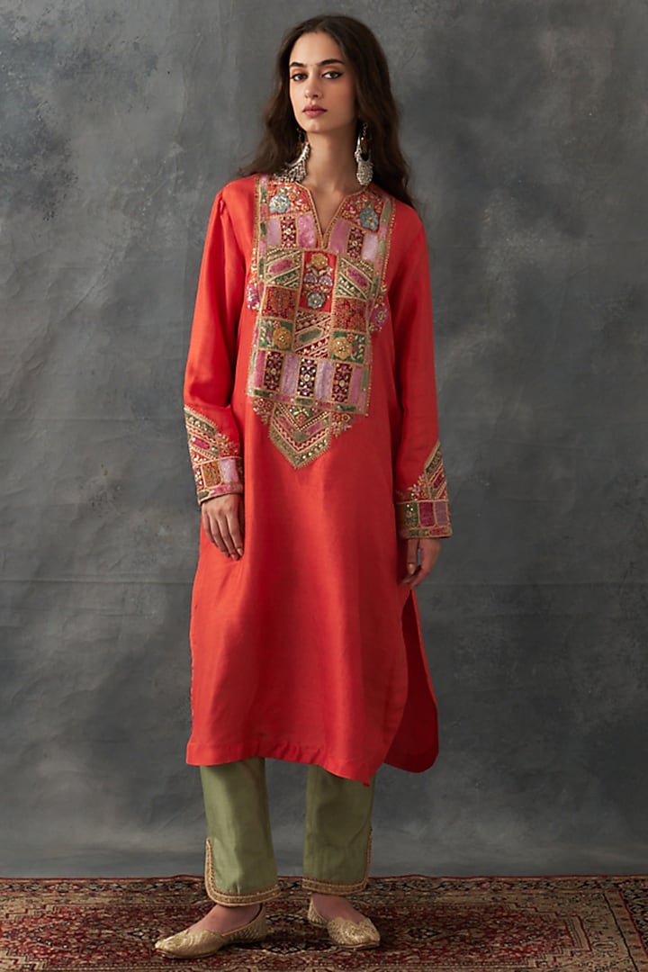 Rust Dupion Silk Patch Work Kurta Set by Petticoat Lane at Pernia's Pop Up Shop