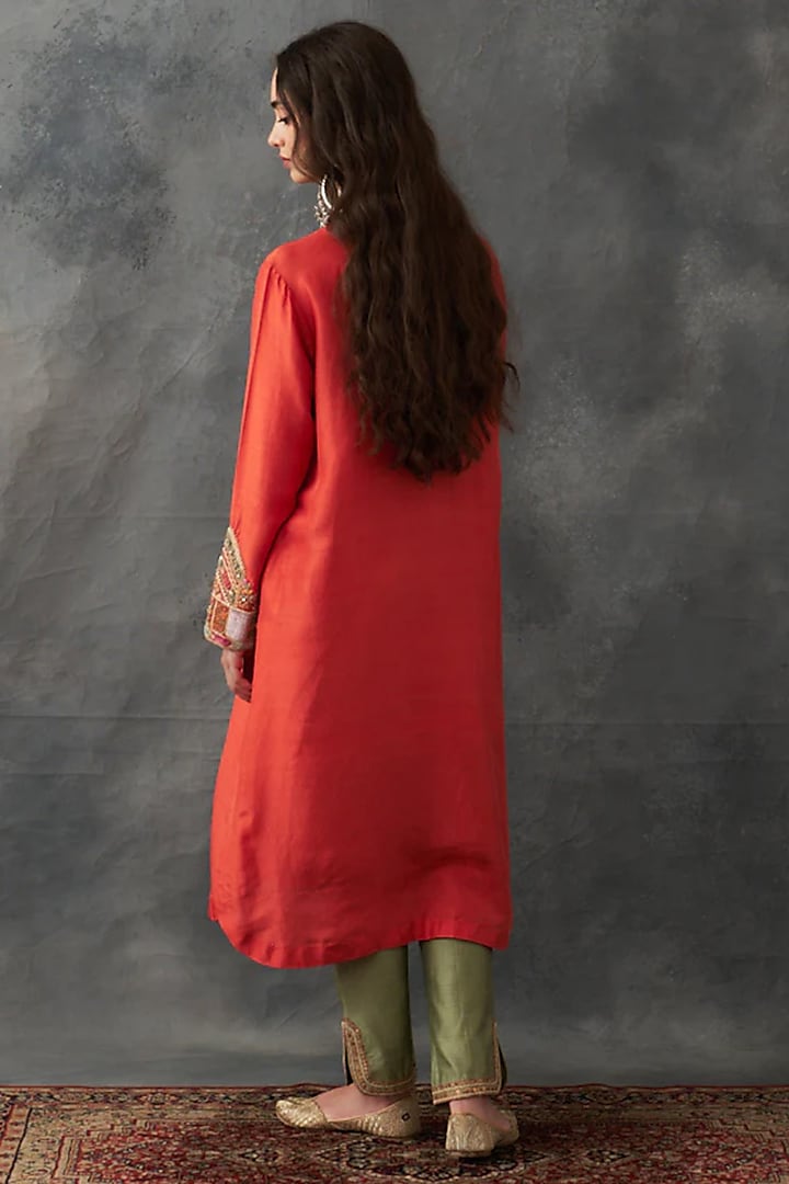 Rust Dupion Silk Patch Work Kurta Set by Petticoat Lane at Pernia's Pop Up Shop