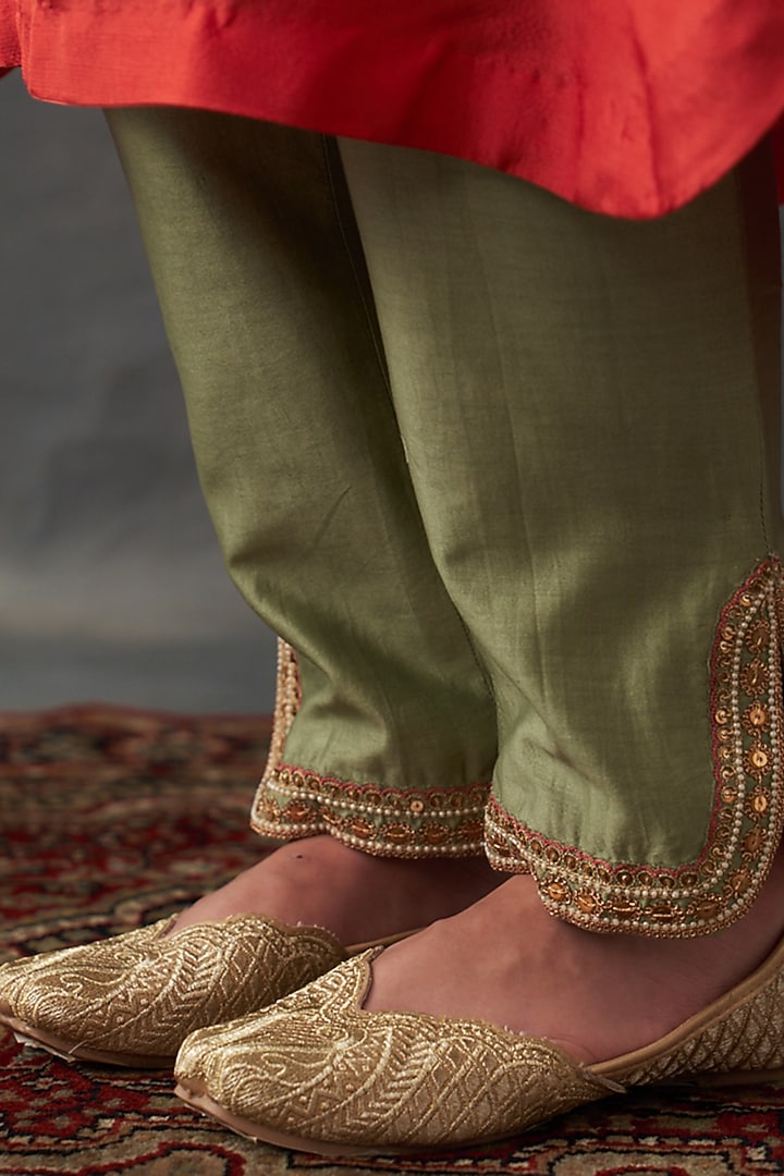 Rust Dupion Silk Patch Work Kurta Set by Petticoat Lane at Pernia's Pop Up Shop