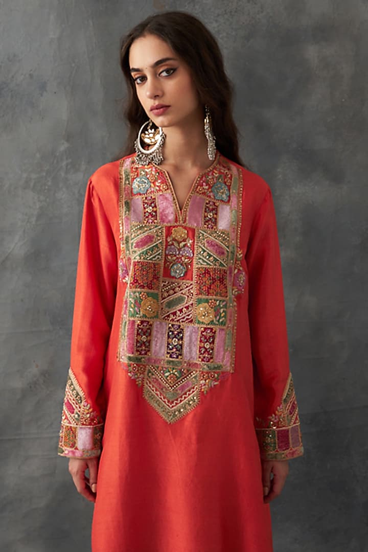 Rust Dupion Silk Patch Work Kurta Set by Petticoat Lane at Pernia's Pop Up Shop