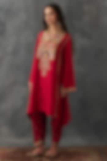 Red Dupion Silk Patch Work Asymmetric Kurta Set by Petticoat Lane at Pernia's Pop Up Shop