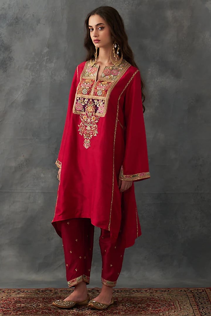 Red Dupion Silk Patch Work Asymmetric Kurta Set by Petticoat Lane at Pernia's Pop Up Shop