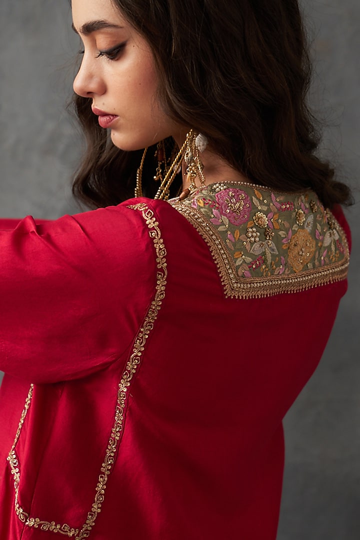 Red Dupion Silk Patch Work Asymmetric Kurta Set by Petticoat Lane at Pernia's Pop Up Shop