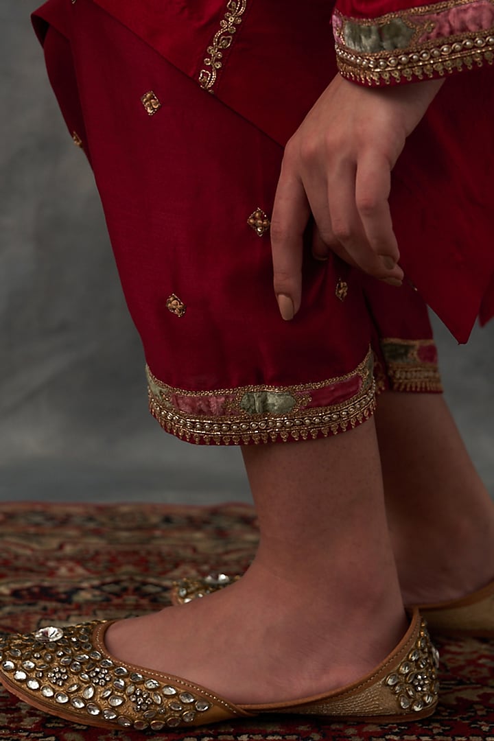 Red Dupion Silk Patch Work Asymmetric Kurta Set by Petticoat Lane at Pernia's Pop Up Shop