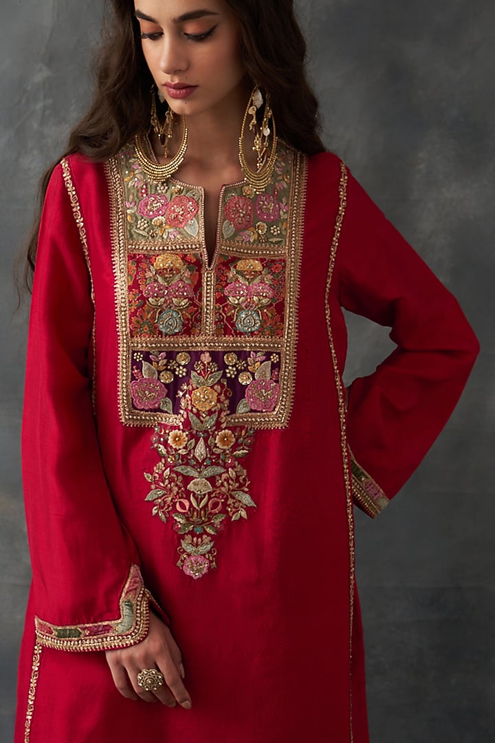 Red Dupion Silk Patch Work Asymmetric Kurta Set by Petticoat Lane at Pernia's Pop Up Shop