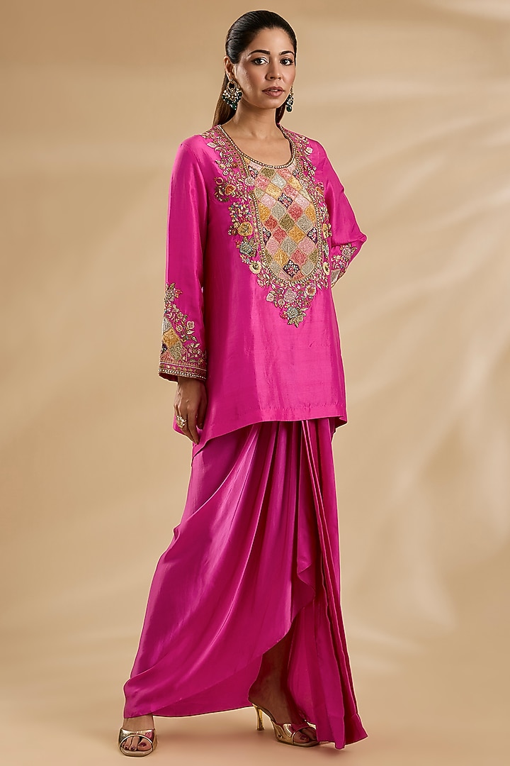 Fuchsia Pink Dupion & Satin Patchwork Kurta Set by Petticoat Lane at Pernia's Pop Up Shop