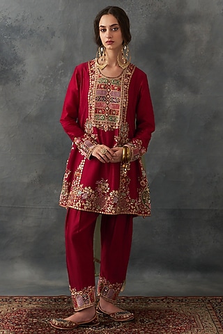 Red Chanderi Patch Work Kurta Set by Petticoat Lane