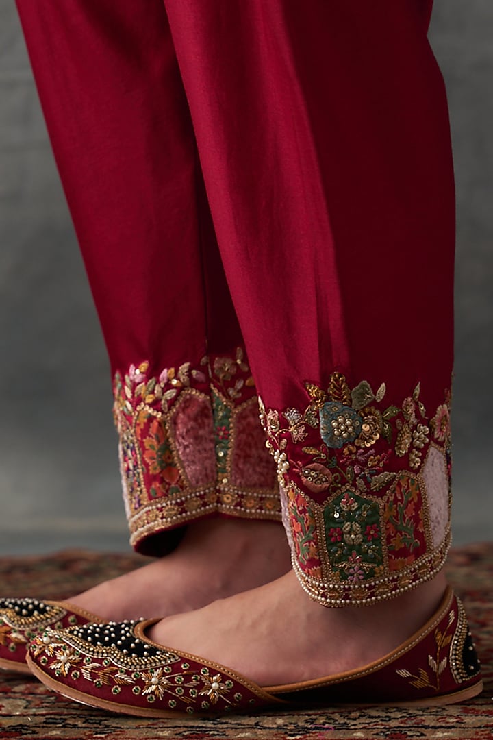 Red Chanderi Patch Work Kurta Set by Petticoat Lane at Pernia's Pop Up Shop