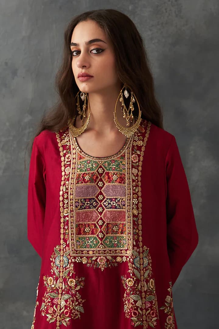Red Chanderi Patch Work Kurta Set by Petticoat Lane at Pernia's Pop Up Shop
