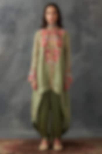 Olive Organza & Satin Patch Work Asymmetric Kurta Set by Petticoat Lane at Pernia's Pop Up Shop