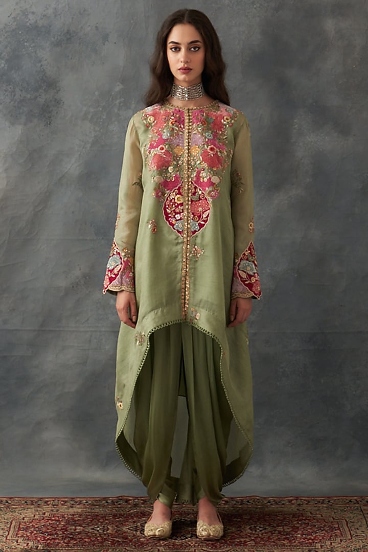 Olive Organza & Satin Patch Work Asymmetric Kurta Set by Petticoat Lane at Pernia's Pop Up Shop