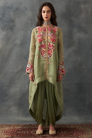 Olive Organza & Satin Patch Work Asymmetric Kurta Set by Petticoat Lane