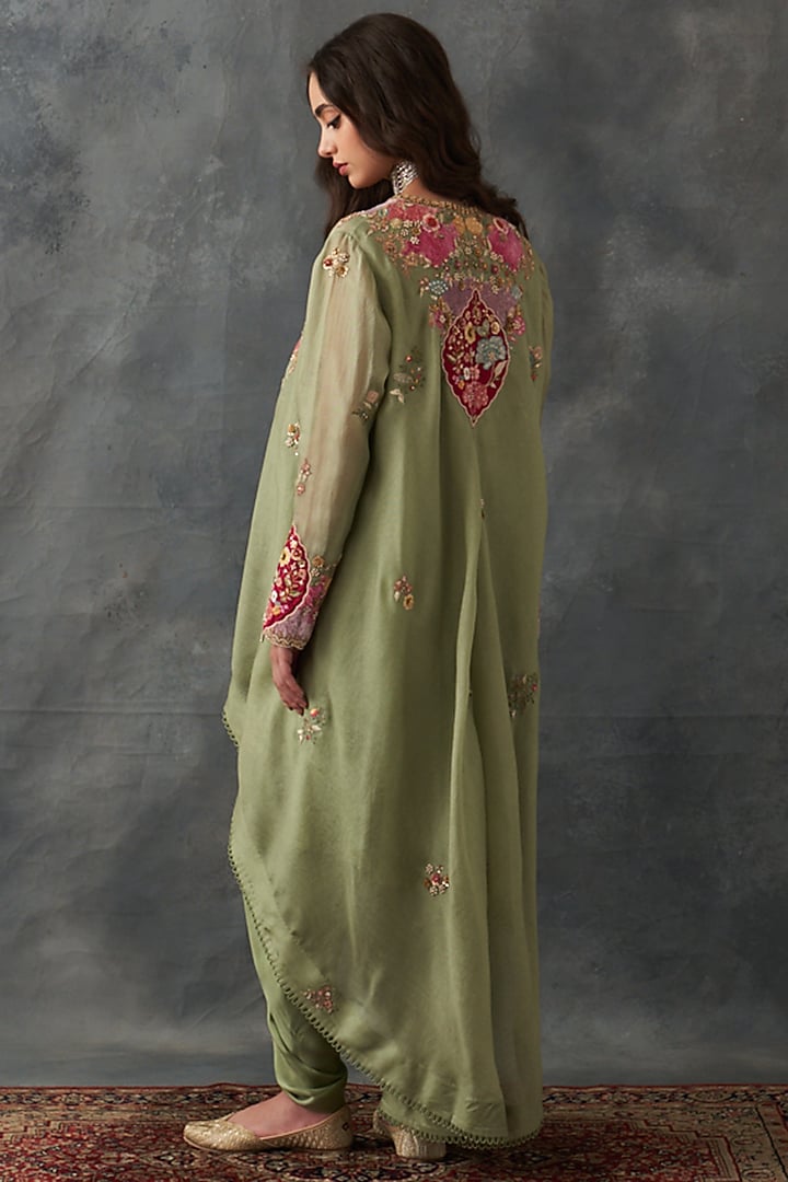 Olive Organza & Satin Patch Work Asymmetric Kurta Set by Petticoat Lane at Pernia's Pop Up Shop