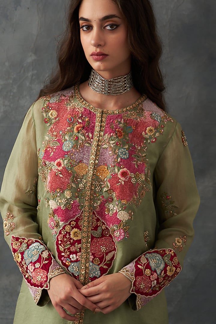Olive Organza & Satin Patch Work Asymmetric Kurta Set by Petticoat Lane at Pernia's Pop Up Shop