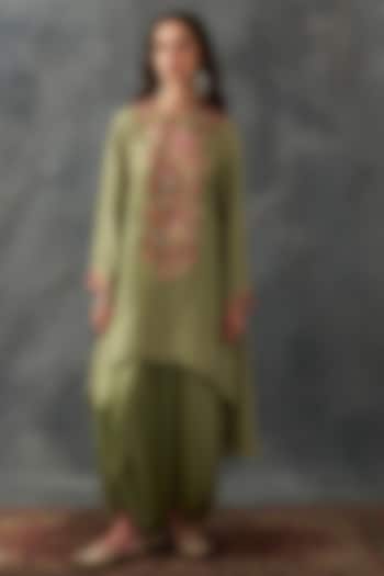 Olive Dupion Silk & Satin Draped Skirt Set by Petticoat Lane at Pernia's Pop Up Shop