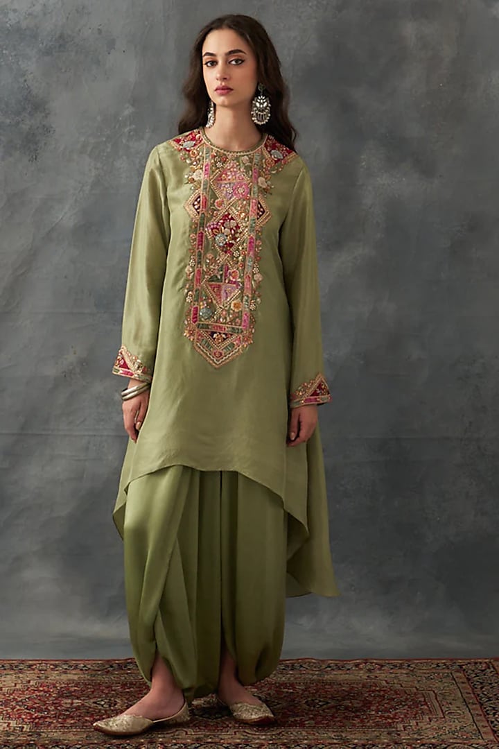 Olive Dupion Silk & Satin Draped Skirt Set by Petticoat Lane at Pernia's Pop Up Shop