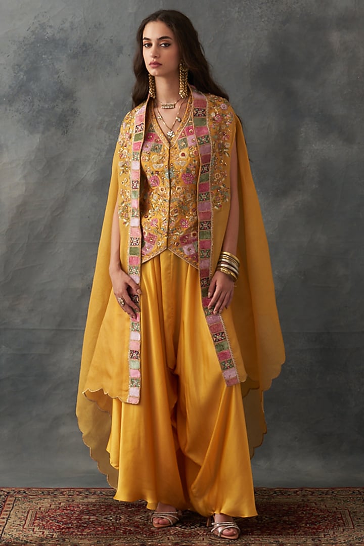 Yellow Chanderi & Organza Embroidered Cape Set by Petticoat Lane at Pernia's Pop Up Shop