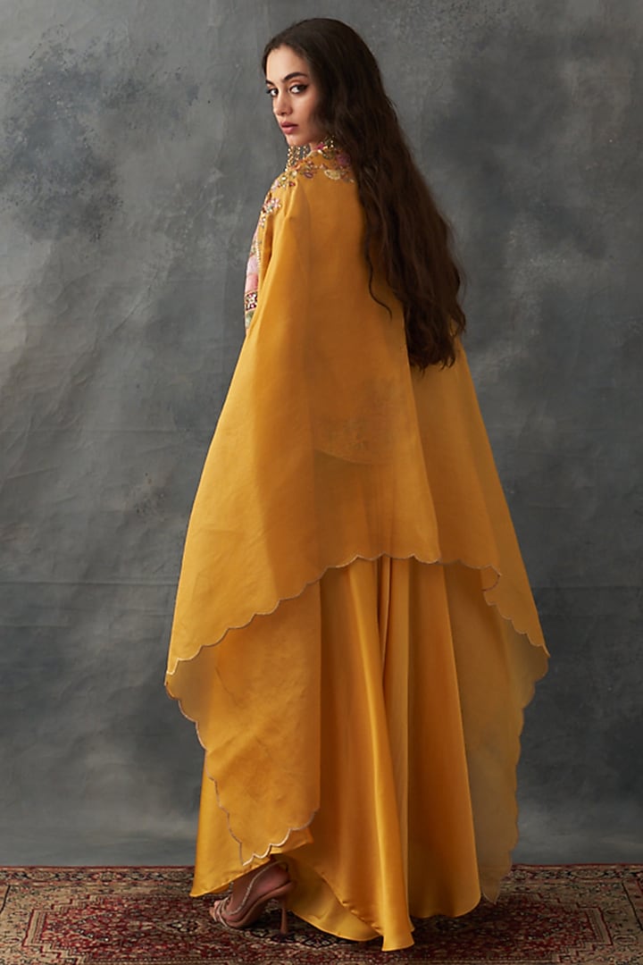 Yellow Chanderi & Organza Embroidered Cape Set by Petticoat Lane at Pernia's Pop Up Shop