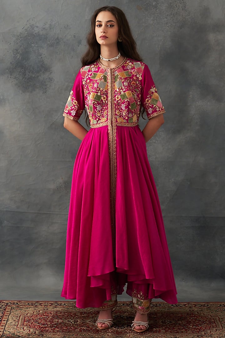 Fuchsia Pink Chanderi Patch Work Kurta Set by Petticoat Lane at Pernia's Pop Up Shop
