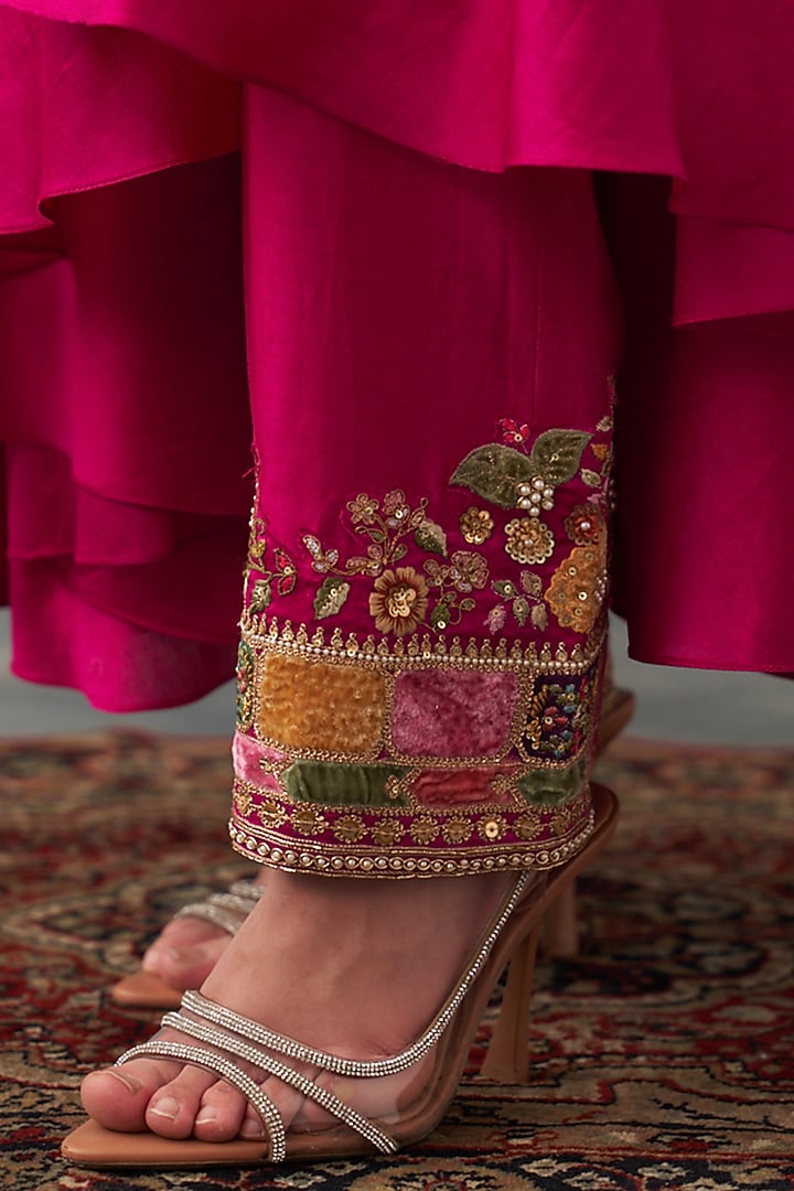 Fuchsia Pink Chanderi Patch Work Kurta Set by Petticoat Lane at Pernia's Pop Up Shop