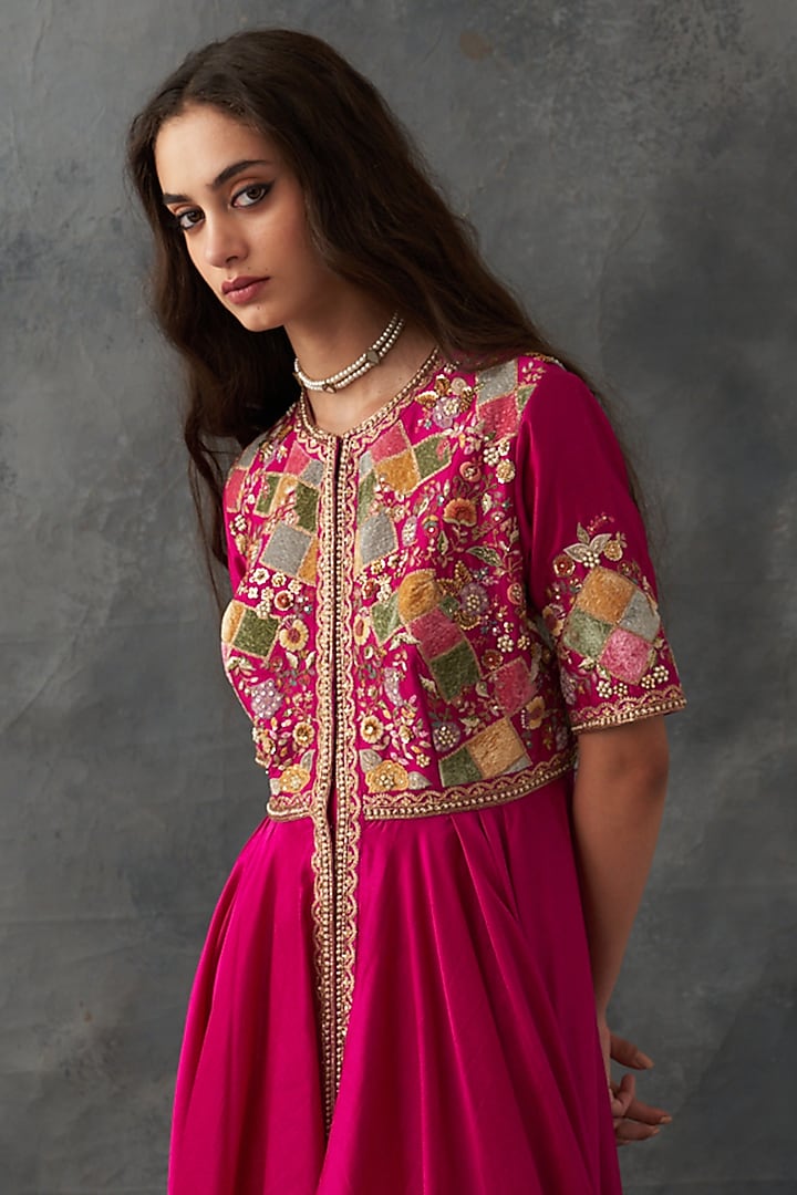Fuchsia Pink Chanderi Patch Work Kurta Set by Petticoat Lane at Pernia's Pop Up Shop