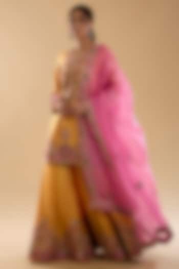 Yellow Chanderi & Organza Patch Work Bridal Sharara Set by Petticoat Lane at Pernia's Pop Up Shop