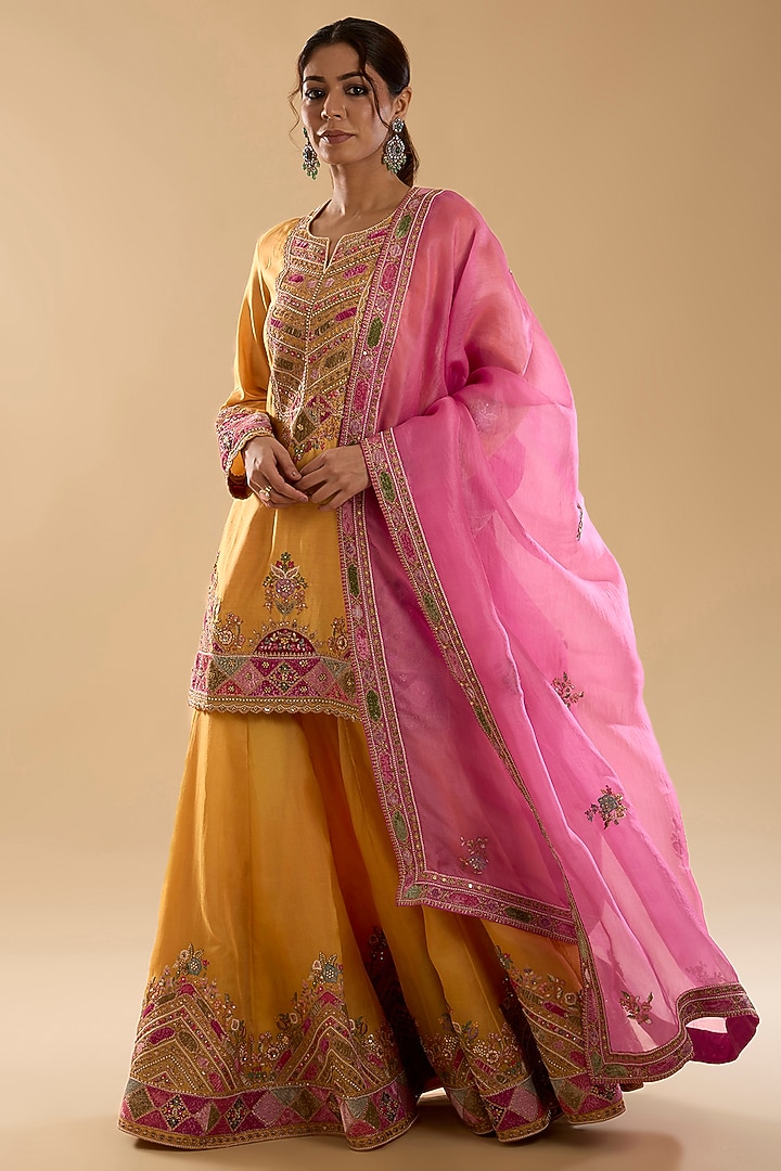 Yellow Chanderi & Organza Patch Work Bridal Sharara Set by Petticoat Lane at Pernia's Pop Up Shop