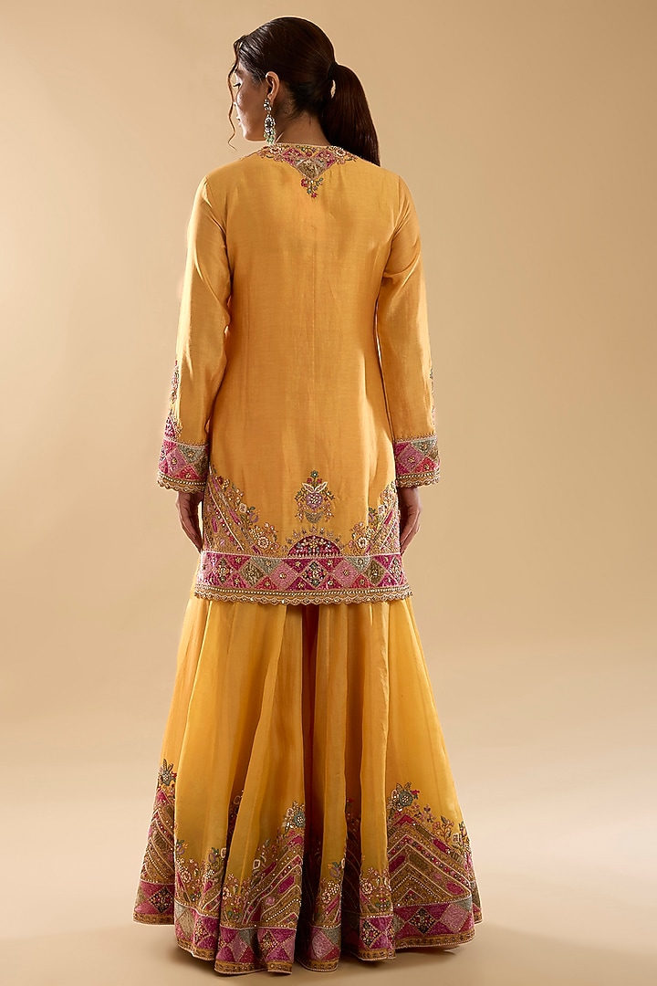 Yellow Chanderi & Organza Patch Work Bridal Sharara Set by Petticoat Lane at Pernia's Pop Up Shop