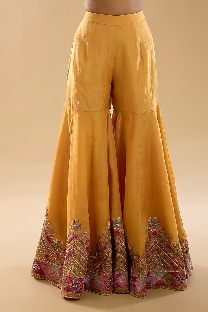 Yellow Chanderi & Organza Patch Work Bridal Sharara Set by Petticoat Lane at Pernia's Pop Up Shop
