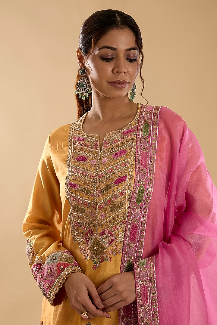 Yellow Chanderi & Organza Patch Work Bridal Sharara Set by Petticoat Lane at Pernia's Pop Up Shop
