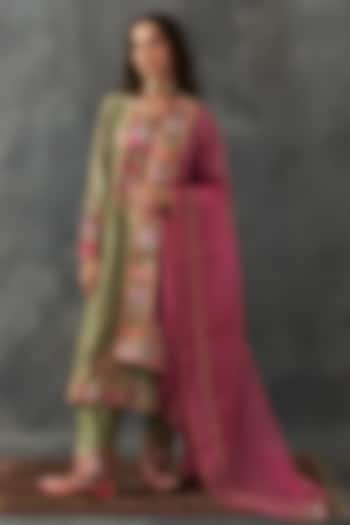 Olive Chanderi & Organza Patch Work Kurta Set by Petticoat Lane at Pernia's Pop Up Shop
