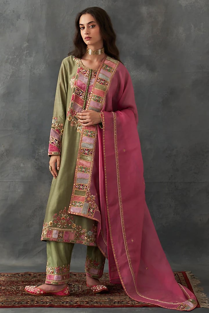 Olive Chanderi & Organza Patch Work Kurta Set by Petticoat Lane at Pernia's Pop Up Shop
