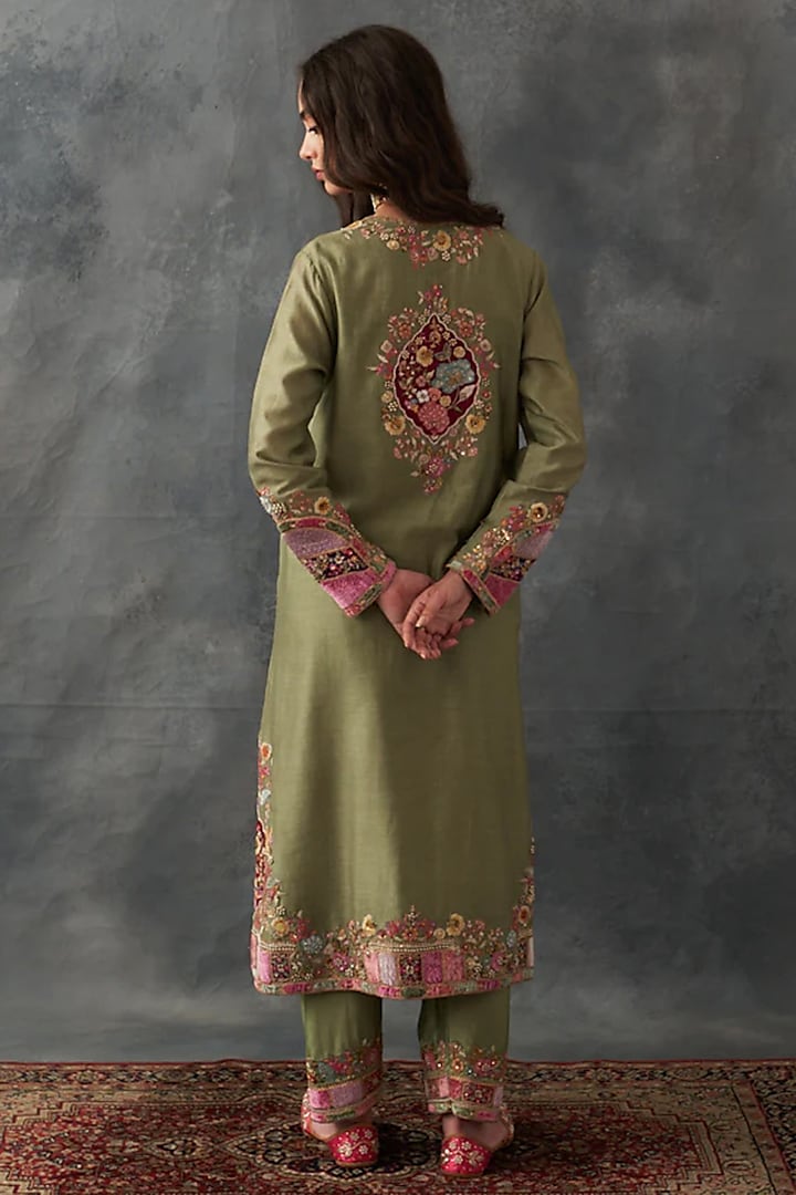 Olive Chanderi & Organza Patch Work Kurta Set by Petticoat Lane at Pernia's Pop Up Shop