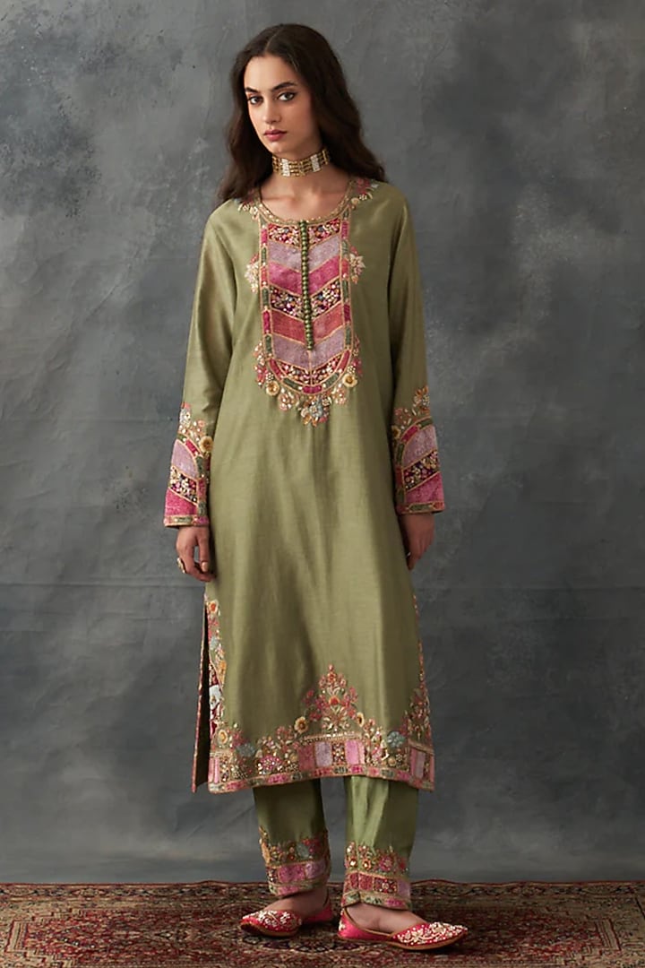 Olive Chanderi & Organza Patch Work Kurta Set by Petticoat Lane at Pernia's Pop Up Shop
