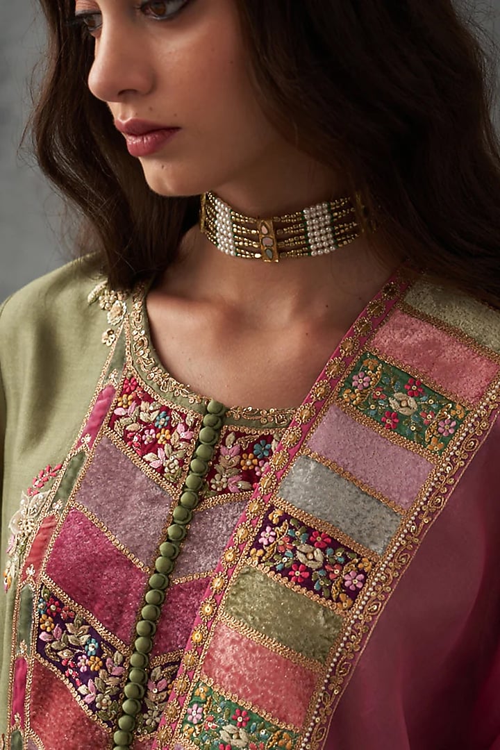 Olive Chanderi & Organza Patch Work Kurta Set by Petticoat Lane at Pernia's Pop Up Shop