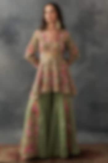 Olive Organza Patch Work Bridal Sharara Set by Petticoat Lane at Pernia's Pop Up Shop