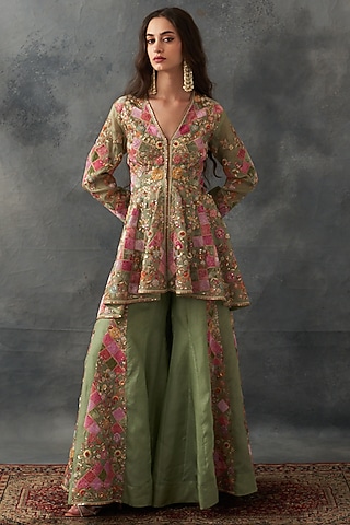 Olive Organza Patch Work Sharara Set by Petticoat Lane