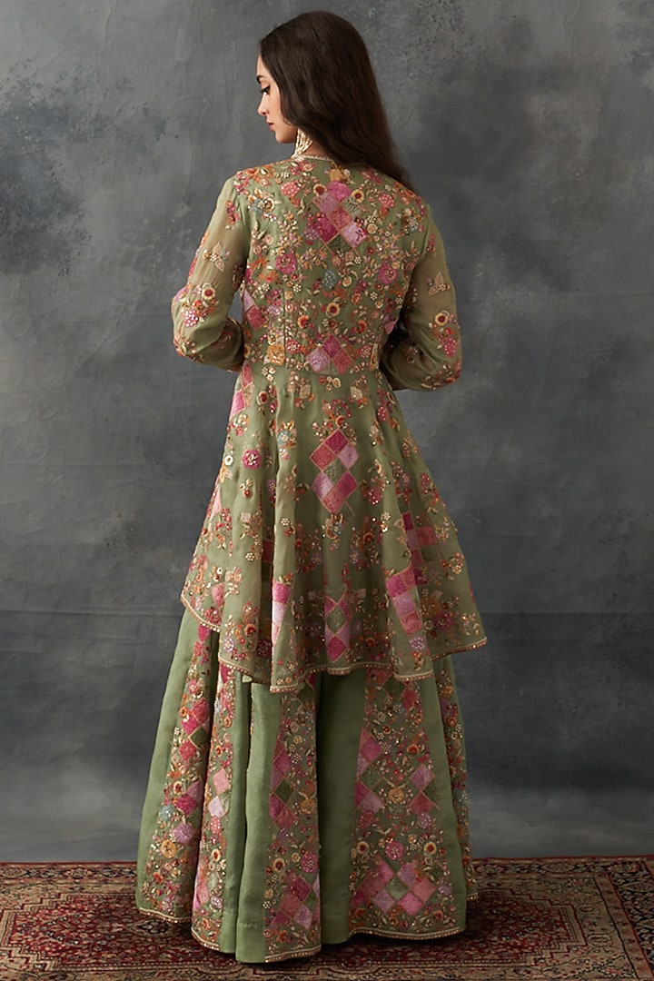 Olive Organza Patch Work Bridal Sharara Set by Petticoat Lane at Pernia's Pop Up Shop