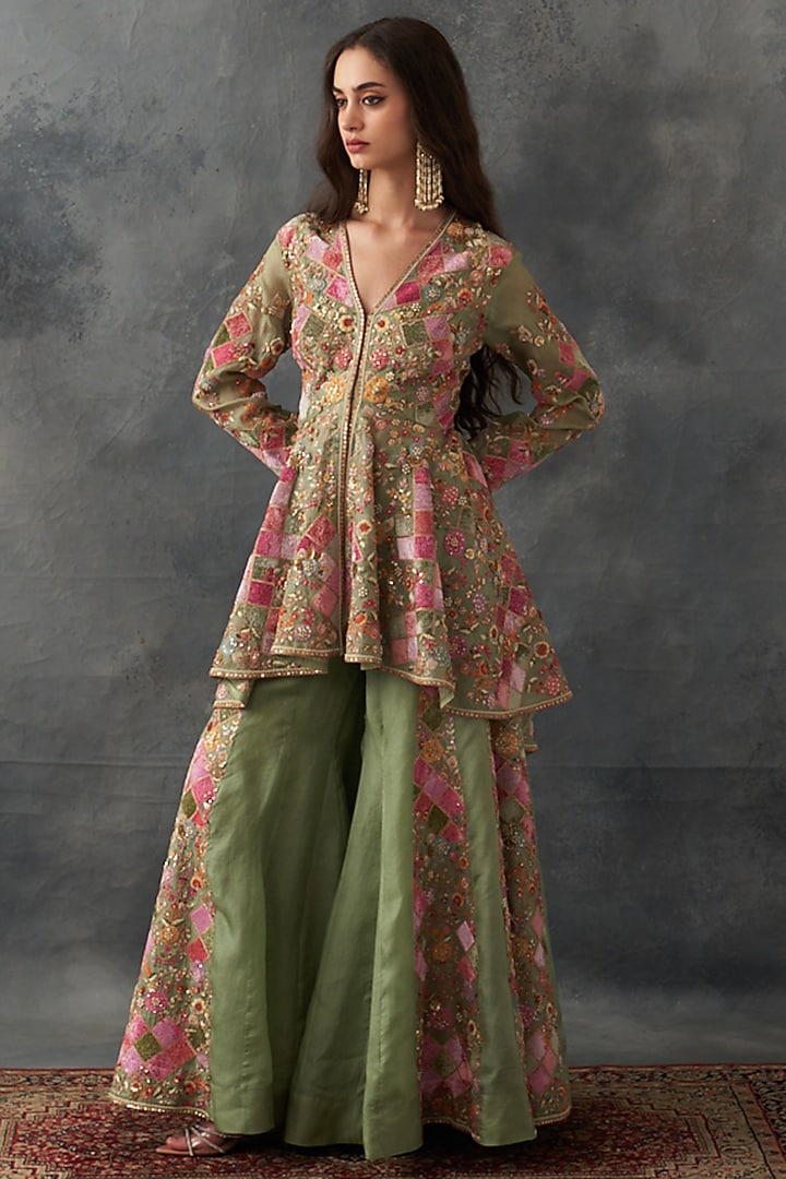 Olive Organza Patch Work Bridal Sharara Set by Petticoat Lane at Pernia's Pop Up Shop