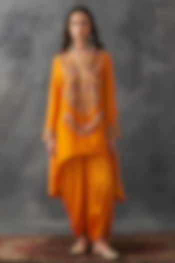 Mustard Dupion Silk & Satin Dhoti Set by Petticoat Lane at Pernia's Pop Up Shop