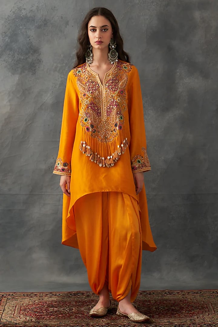 Mustard Dupion Silk & Satin Dhoti Set by Petticoat Lane at Pernia's Pop Up Shop