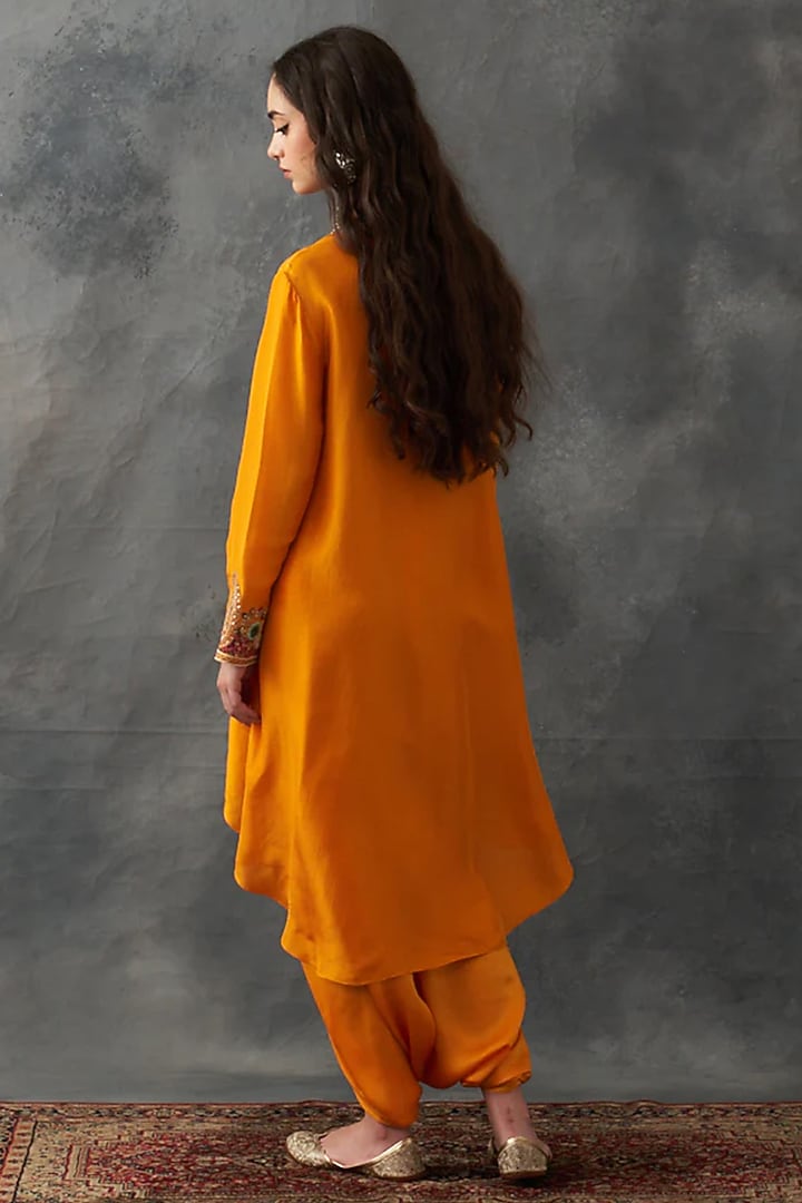 Mustard Dupion Silk & Satin Dhoti Set by Petticoat Lane at Pernia's Pop Up Shop