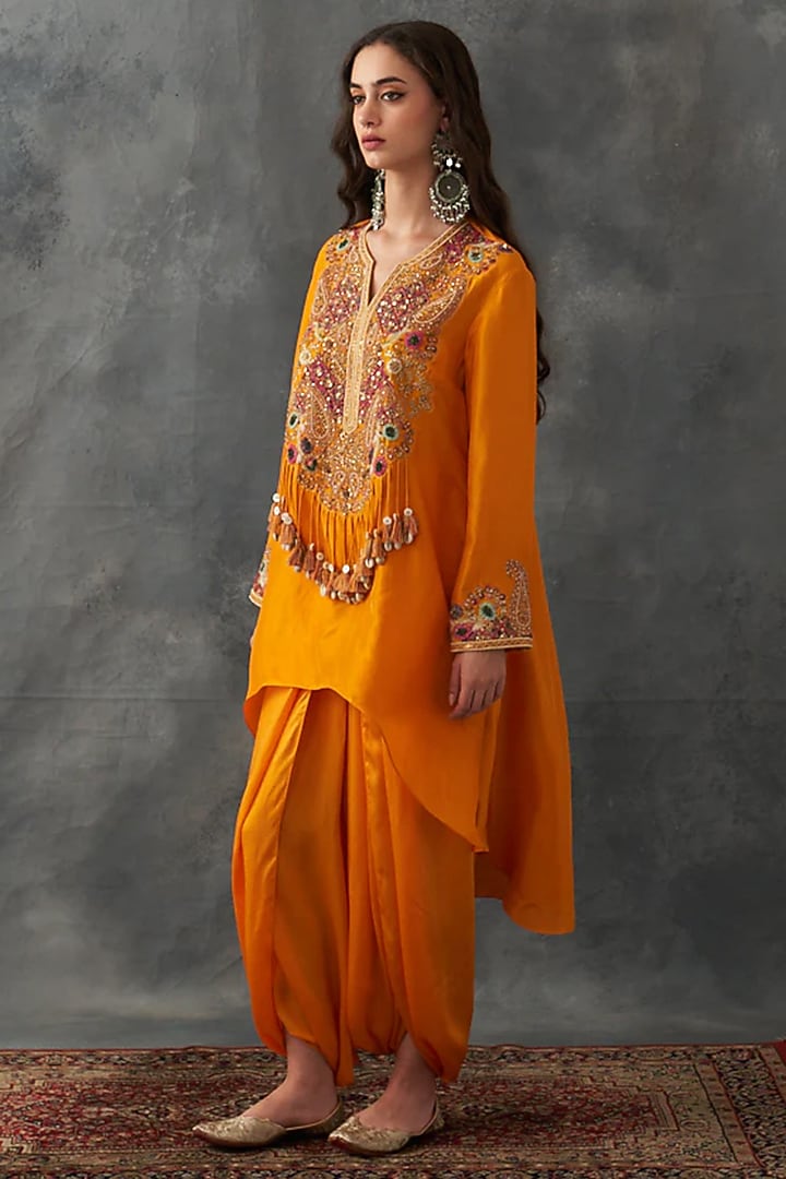 Mustard Dupion Silk & Satin Dhoti Set by Petticoat Lane at Pernia's Pop Up Shop