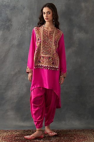 Fuchsia Pink Dupion Silk & Satin Dhoti Set by Petticoat Lane