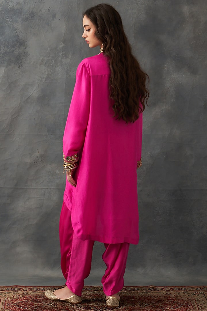 Fuchsia Pink Dupion Silk & Satin Dhoti Set by Petticoat Lane at Pernia's Pop Up Shop