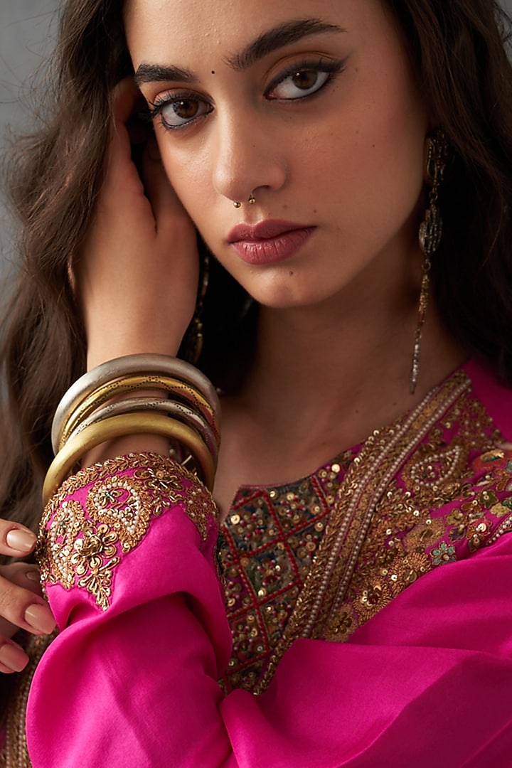 Fuchsia Pink Dupion Silk & Satin Dhoti Set by Petticoat Lane at Pernia's Pop Up Shop