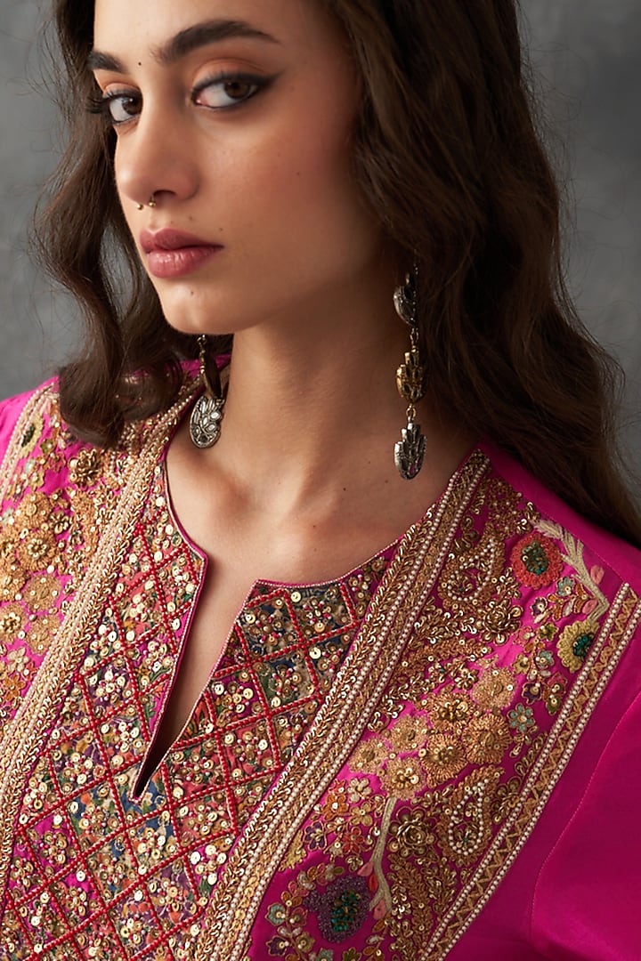 Fuchsia Pink Dupion Silk & Satin Dhoti Set by Petticoat Lane at Pernia's Pop Up Shop