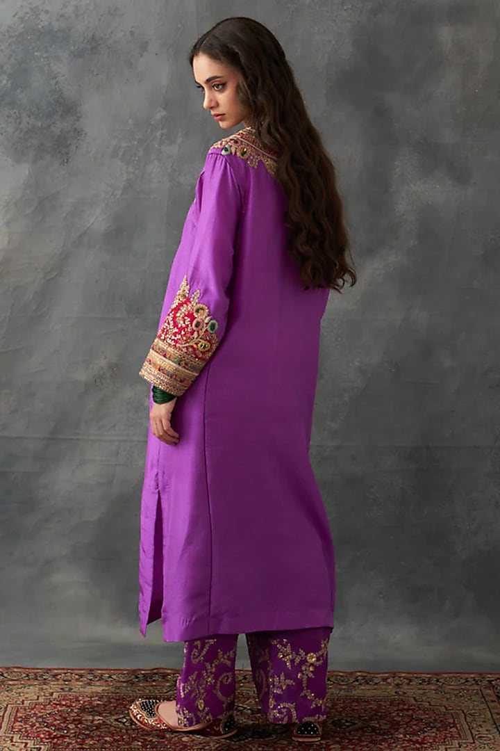 Orchid Pink Dupion Silk & Chanderi Patch Work Kurta Set by Petticoat Lane at Pernia's Pop Up Shop