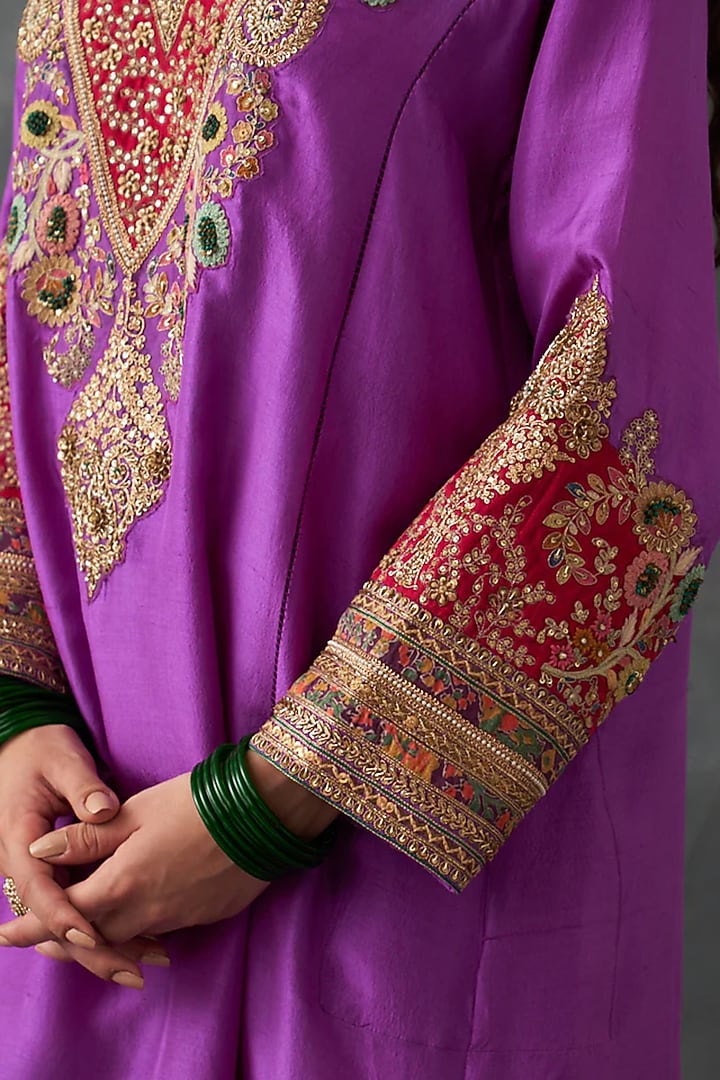 Orchid Pink Dupion Silk & Chanderi Patch Work Kurta Set by Petticoat Lane at Pernia's Pop Up Shop