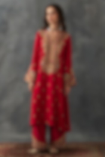 Crimson Red Dupion Silk & Chanderi Embroidered Kurta Set by Petticoat Lane at Pernia's Pop Up Shop
